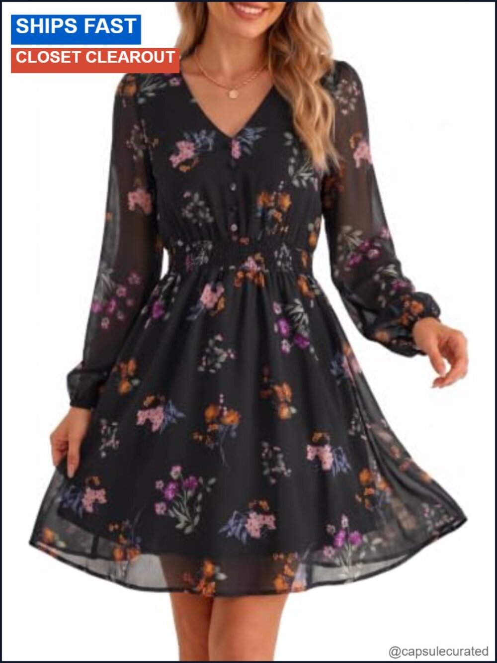 Women's Floral Chiffon Mini Dress Long Sleeve V Neck Wedding Guest